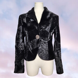 Vtg 90s Y2K Black Fur Leather Patchwork Collared Fuzzy Goth Vampy Jacket Sz M